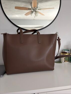 Calpak Brown Leather Tote with Removable Strap